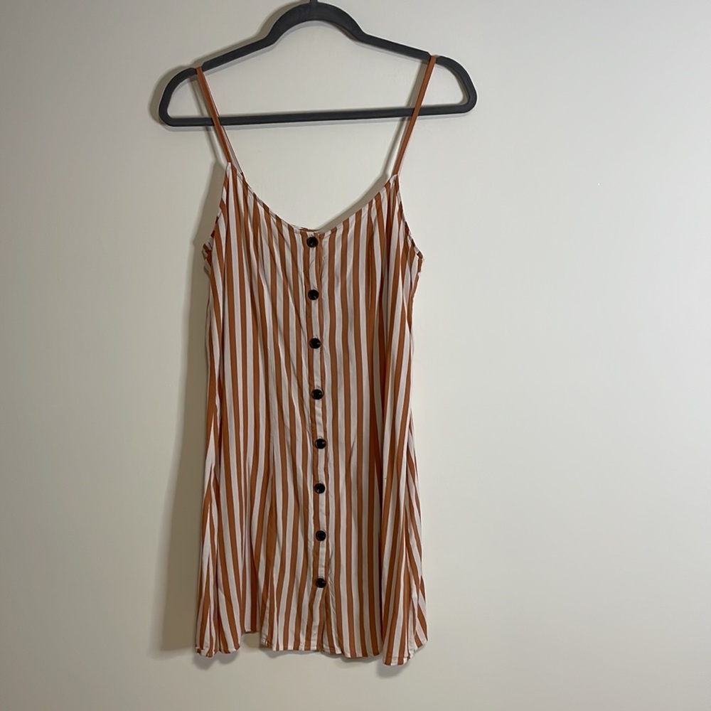 H&M Neutral Vertical Striped Shift Dress 6 Tank Button Front White Mini
